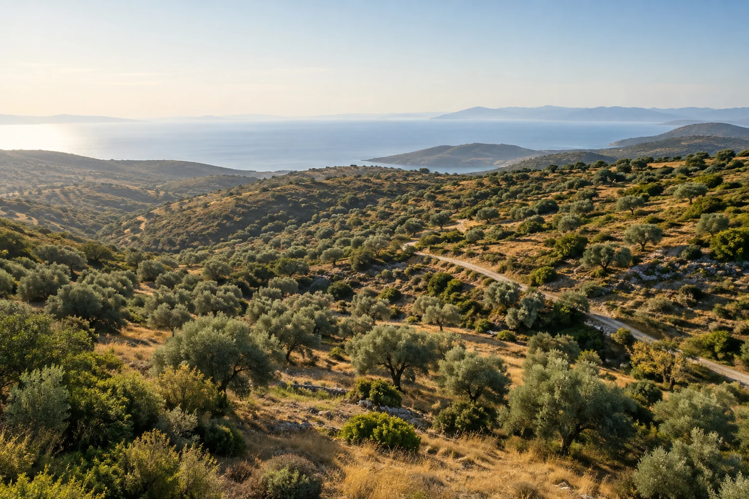 Arazi, zeytinlik ve kıyı peyzajı; temsilî görsel.